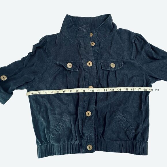 Mine Blue Cotton Linen Blend Cropped 3/4 roll sleeve jacket Size Junior Large - Picture 7 of 12